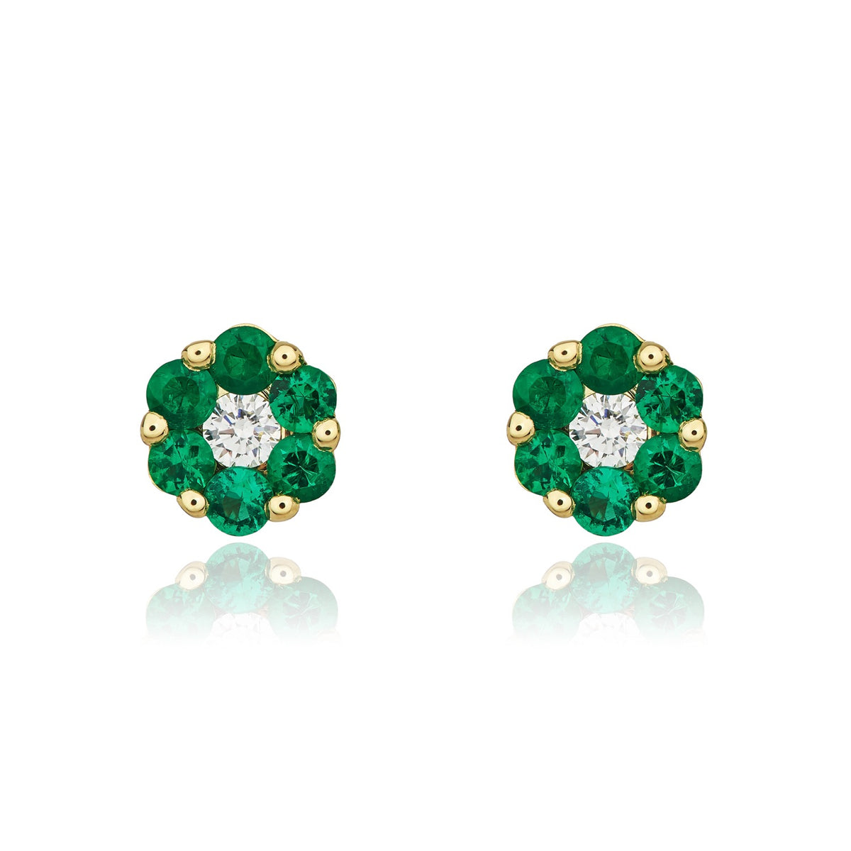 18CT YG EMERALD AND DIAMOND ROUND REVERSE CLUSTER EARRINGS