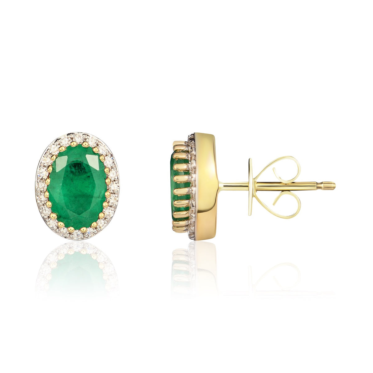 18CT YG OVAL EMERALD & DIA CLUSTER EARRINGS