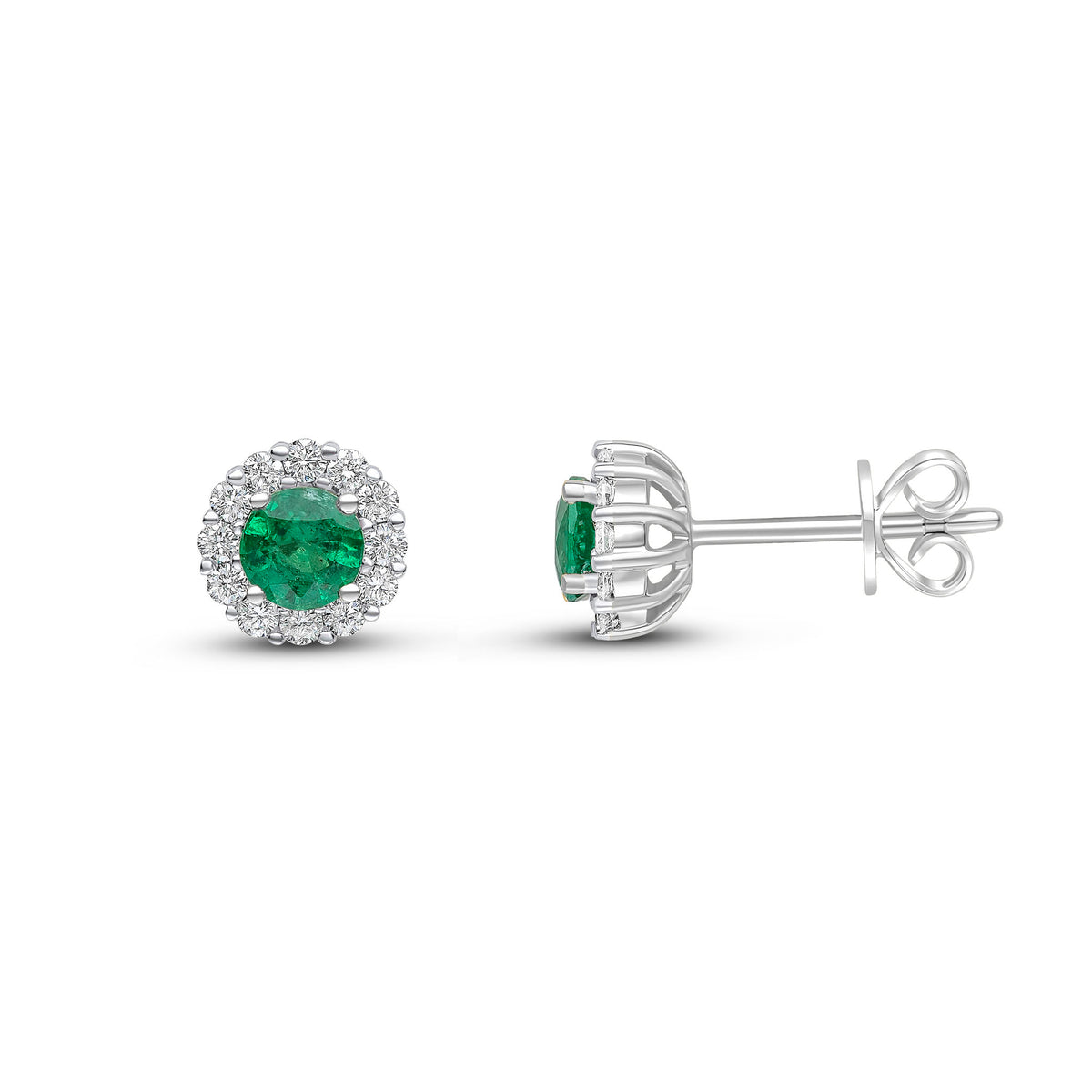 18CT WG 4MM ROUND EMERALD & DIAMOND CLUSTER CLAW EARRINGS