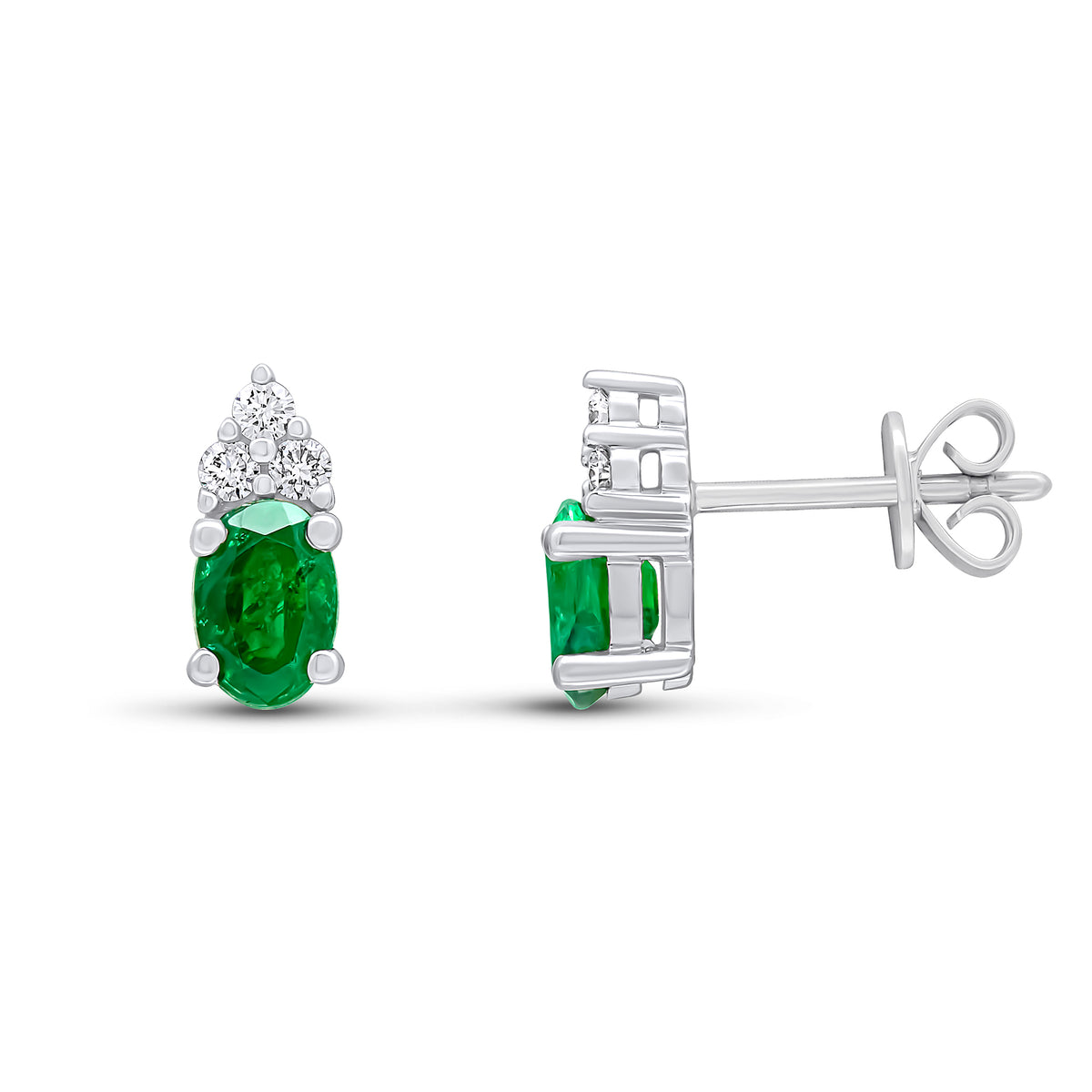 18CT WG 7X5 OVAL EMERALD & DIAMOND TREFOIL CLAW SET EARRINGS