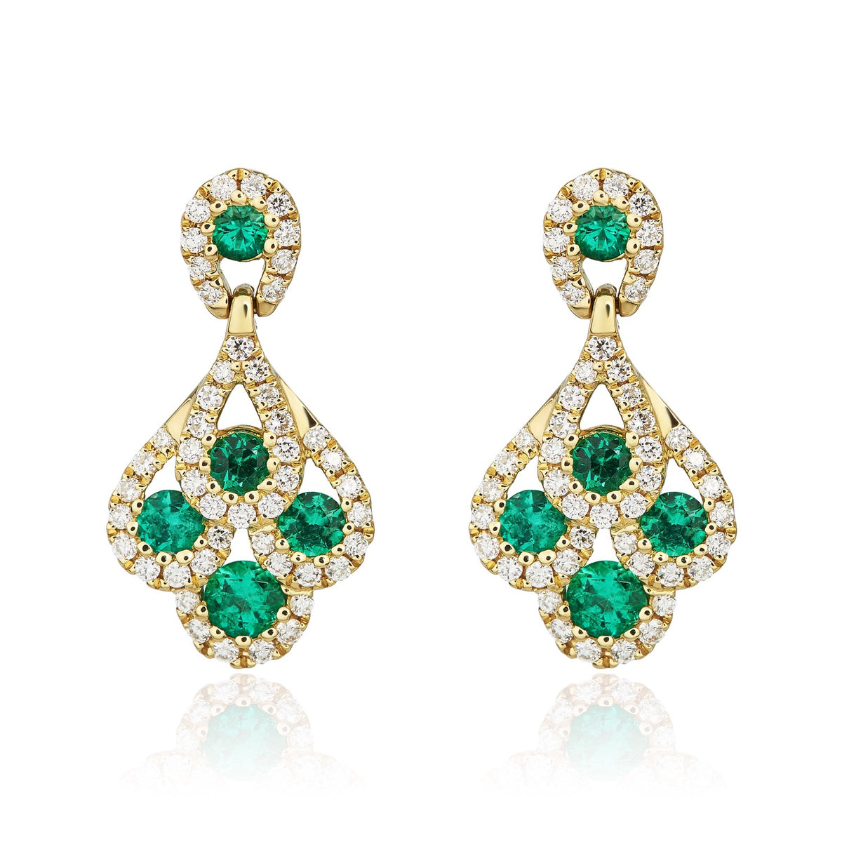 18CT YELLOW GOLD ROUND EMERALD & DIAMOND 'PEACOCK' DROP EARRINGS