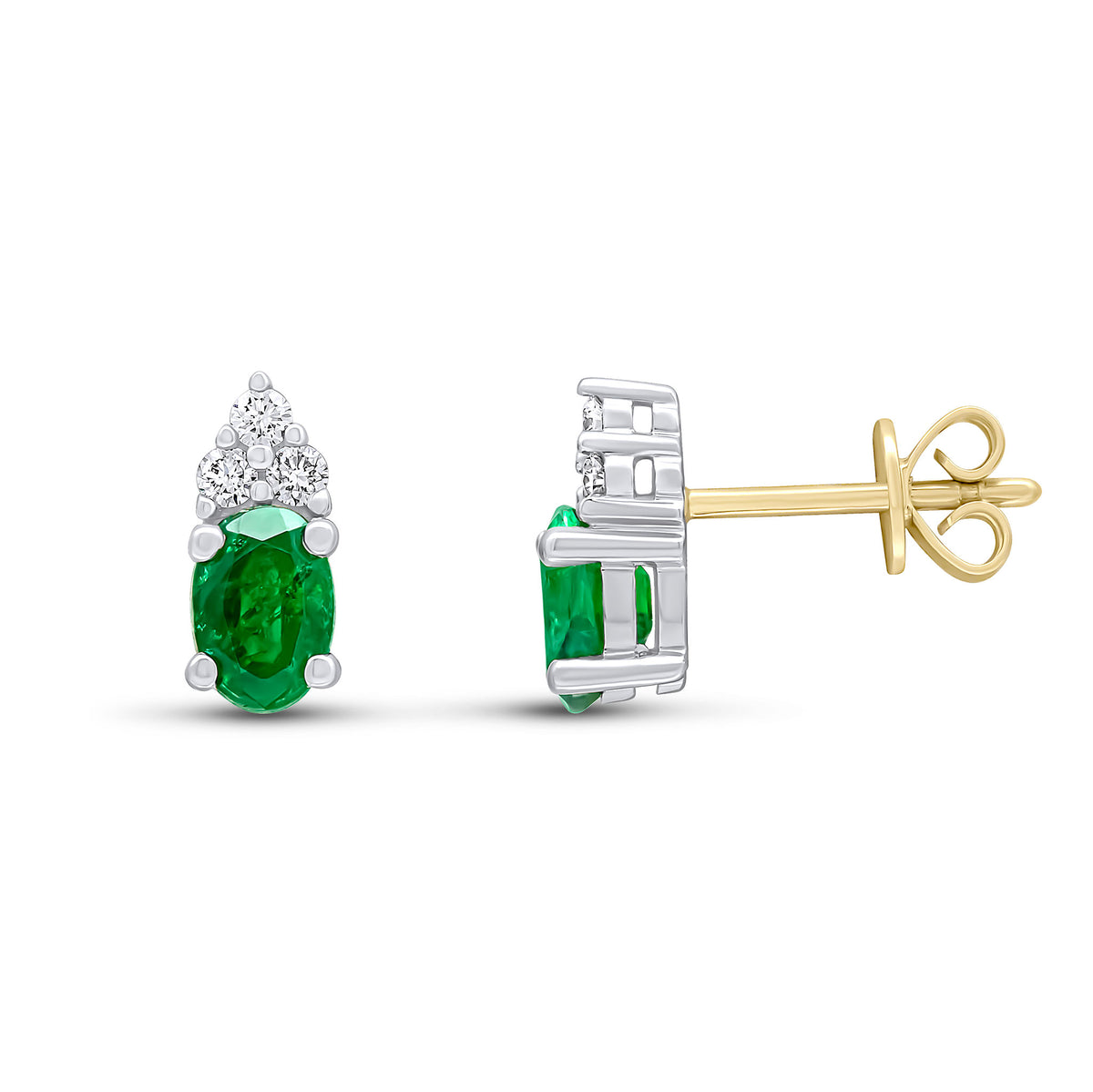 18CT YWG 6X4 OVAL EMERALD & DIAMOND TREFOIL TOP EARRINGS