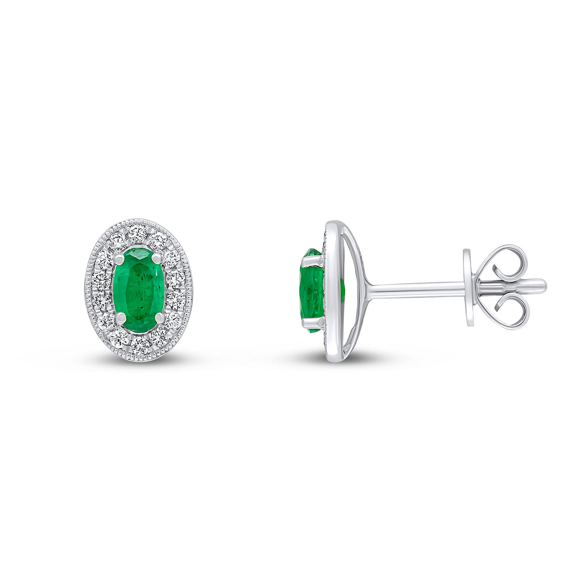 18CT WG 5X3 OVAL EMERALD & DIAMOND CLAW CLUSTER EARRINGS WITH MILLEGRAIN EDGE