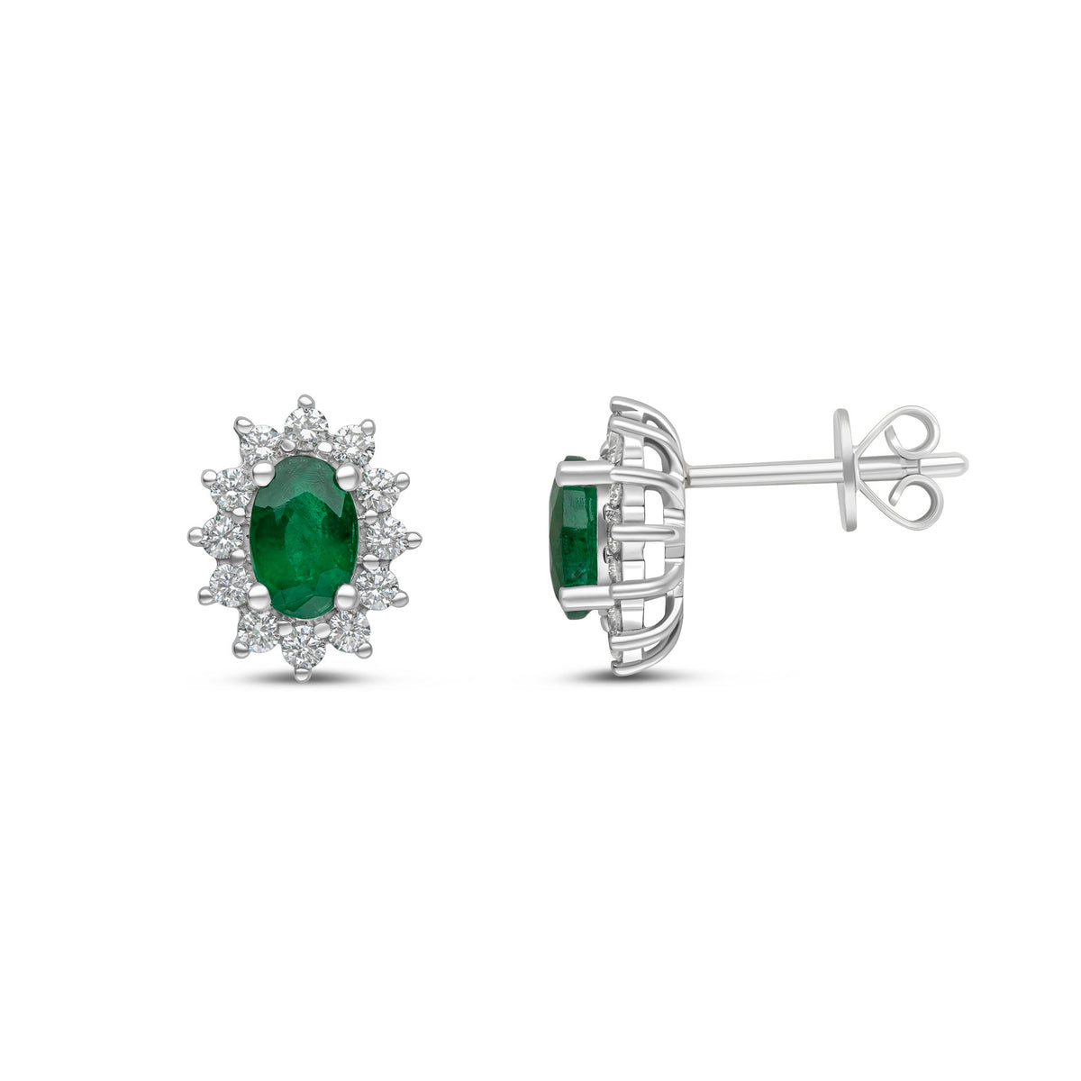 18CT WG OVAL EMERALD & DIAMOND CLAW CLUSTER EARRRINGS