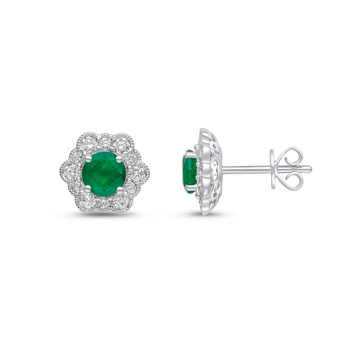 18CT WG 5MM ROUND EMERALD & DIAMOND MILLEGRAIN CLUSTER EARRINGS