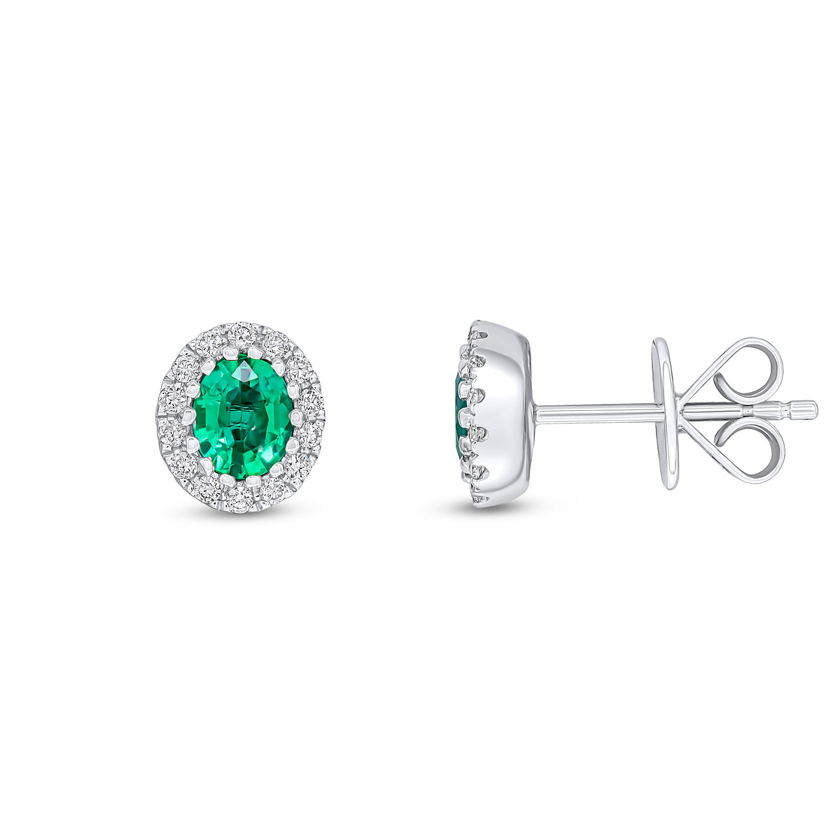 18CT WG 5X4 OVAL EMERALD AND ROUND DIAMOND CLAW SET CLUSTER EARRINGS