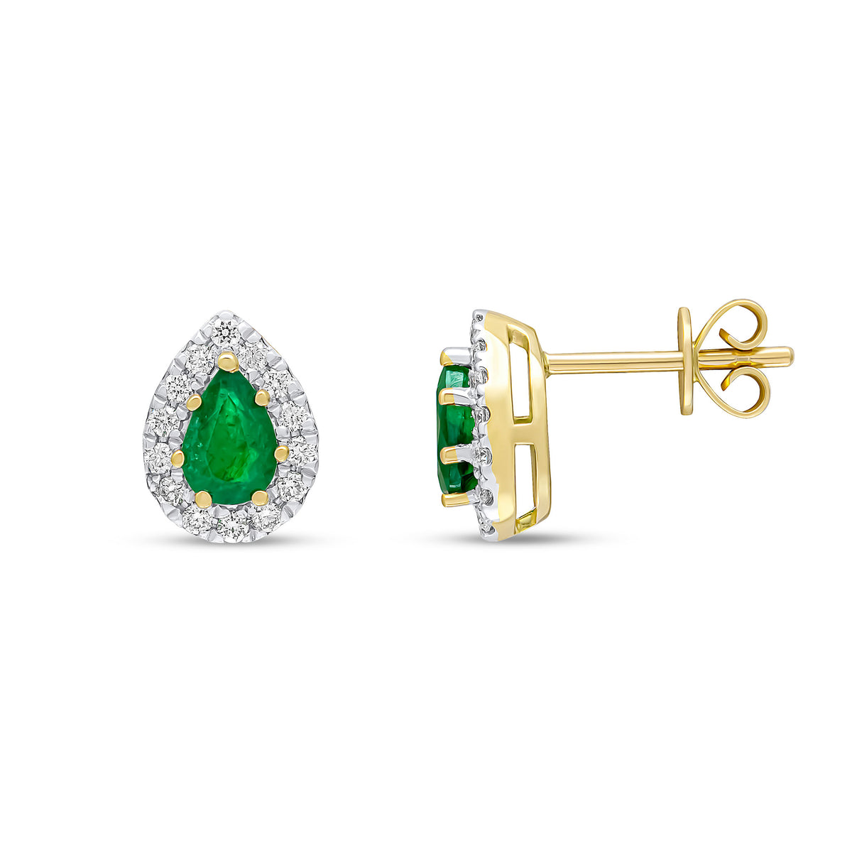 18CT YG 6X4 PEARSHAPE EMERALD AND DIAMOND CLAW CLUSTER EARRINGS