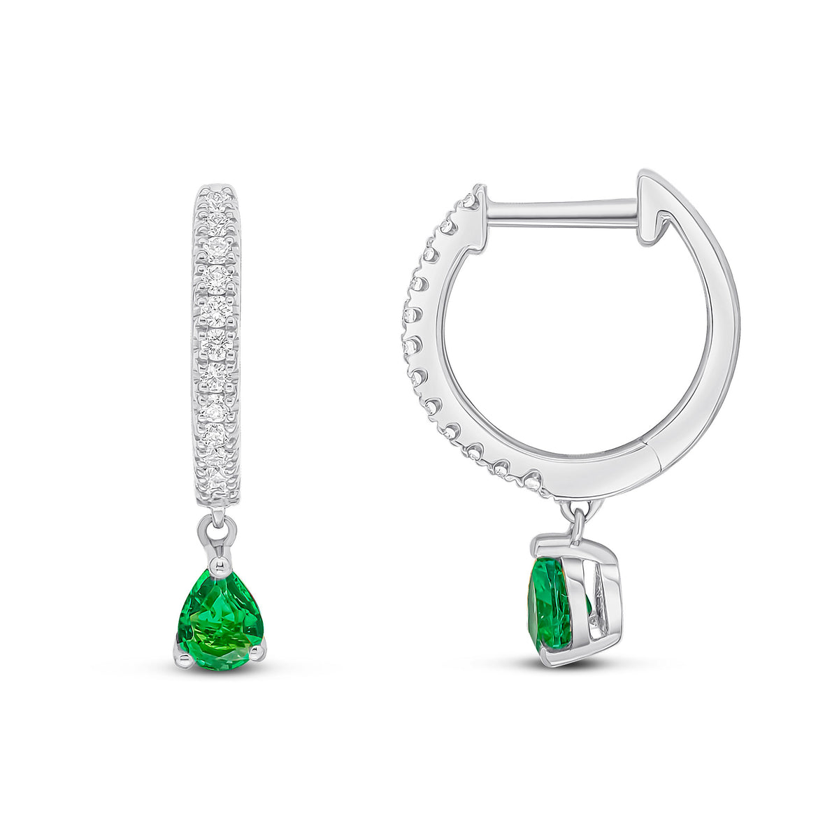 18CT WHITE GOLD CLAW SET DIAMOND HOOP EARRINGS WITH PEARSHAPE EMERALD DROP
