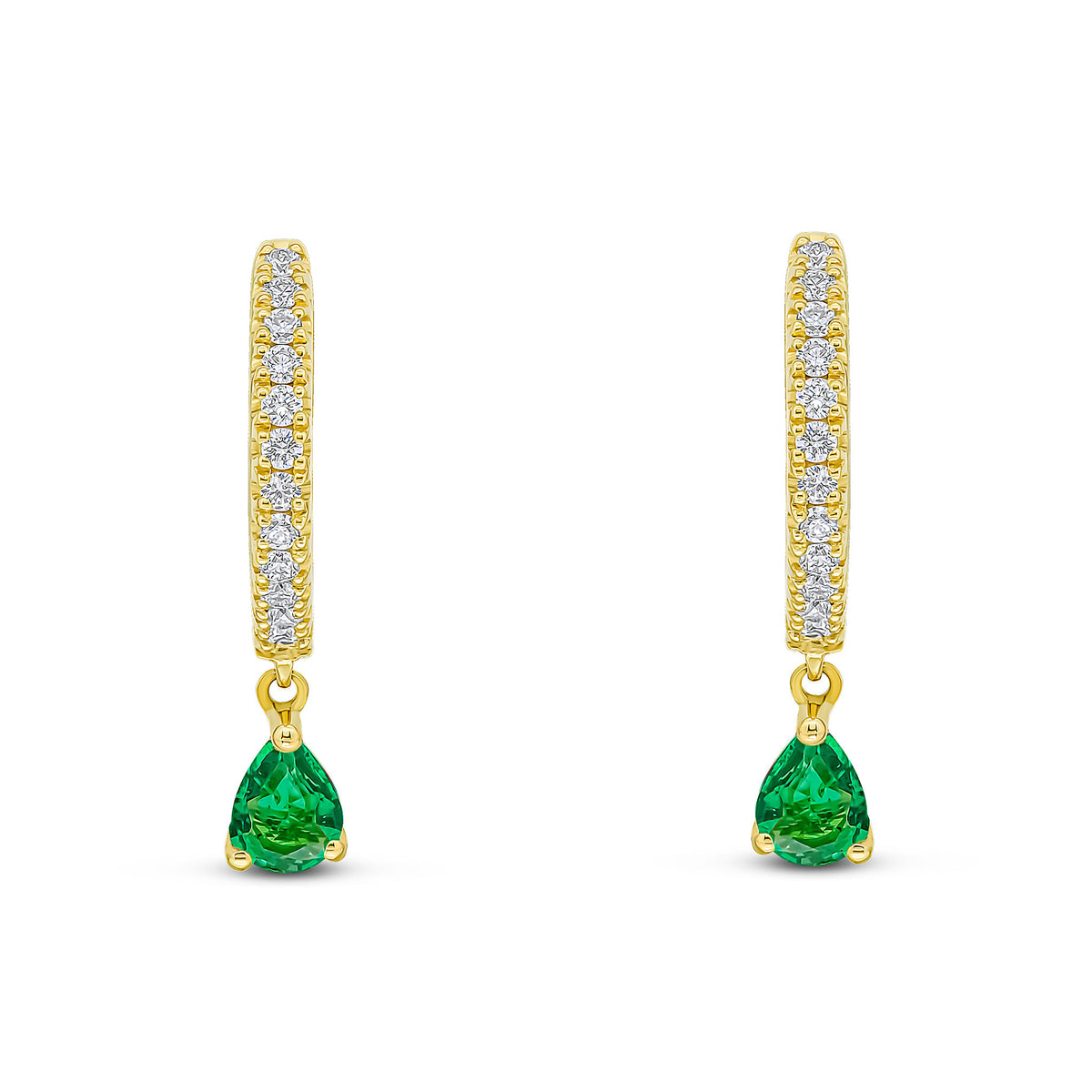 18CT YG CLAW SET DIAMOND HOOP EARRINGS WITH PEARSHAPE EMERALD DROP