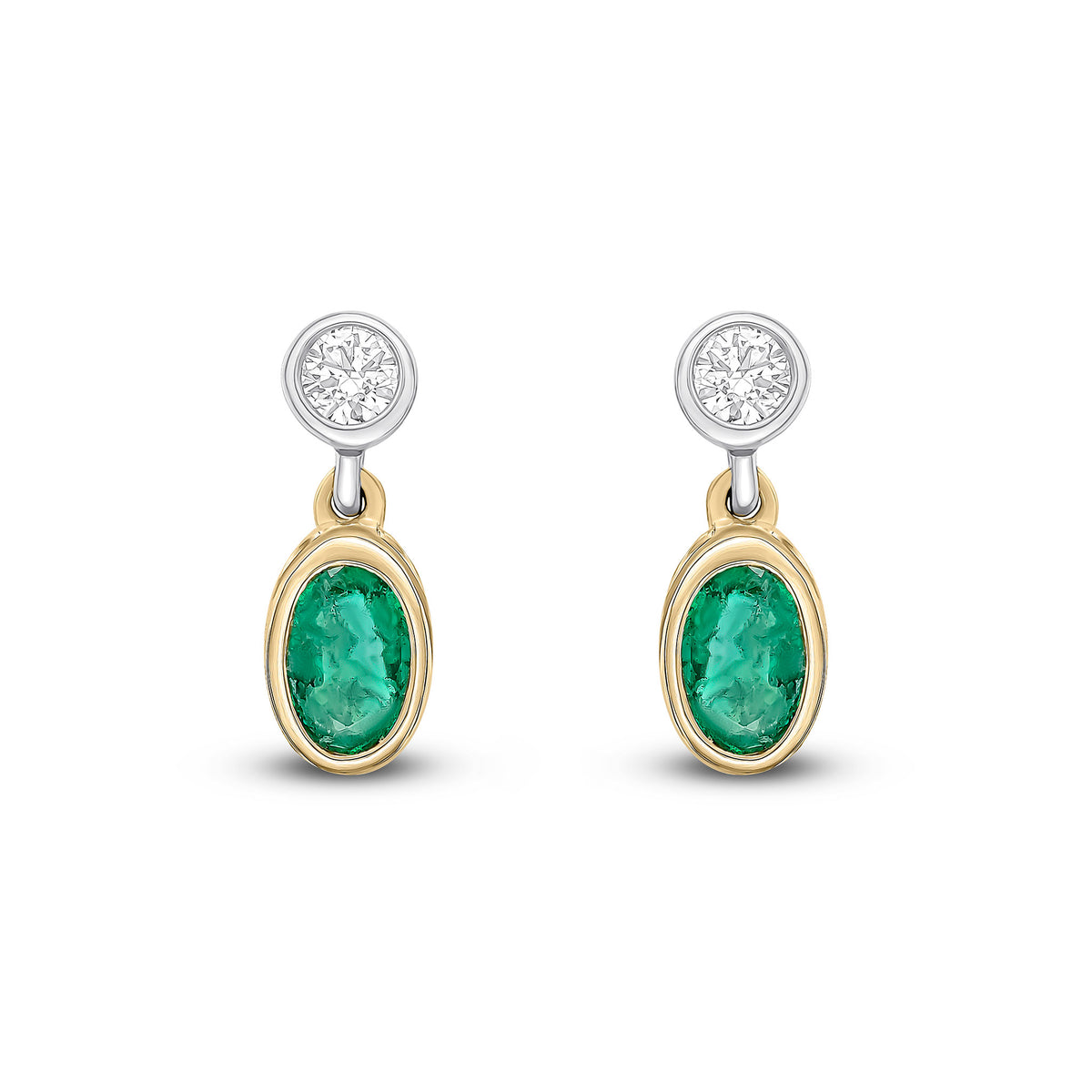 18CT YWG OVAL EMERALD AND ROUND DIAMOND 2ST RUBOVER DROP EARRINGS
