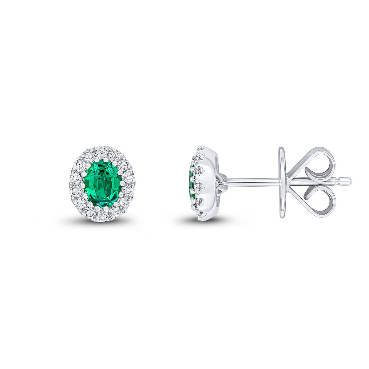 18CT WHITE GOLD 4X3 OVAL EMERALD AND DIAMOND CLAW SET CLUSTER EARRINGS