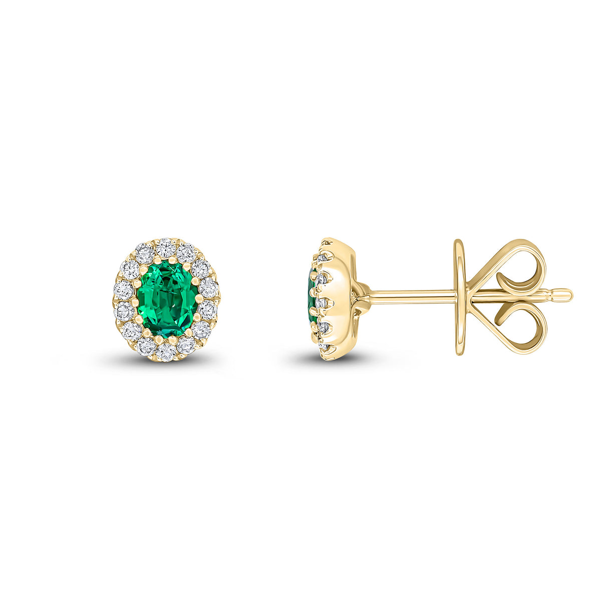 18YG 4X3 OVAL EMERALD & DIAMOND CLUSTER STUD EARRINGS