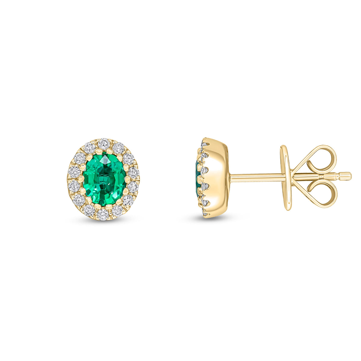 18CT YG 5X4 OVAL EMERALD AND ROUND DIAMOND CLAW CLUSTER EARRINGS