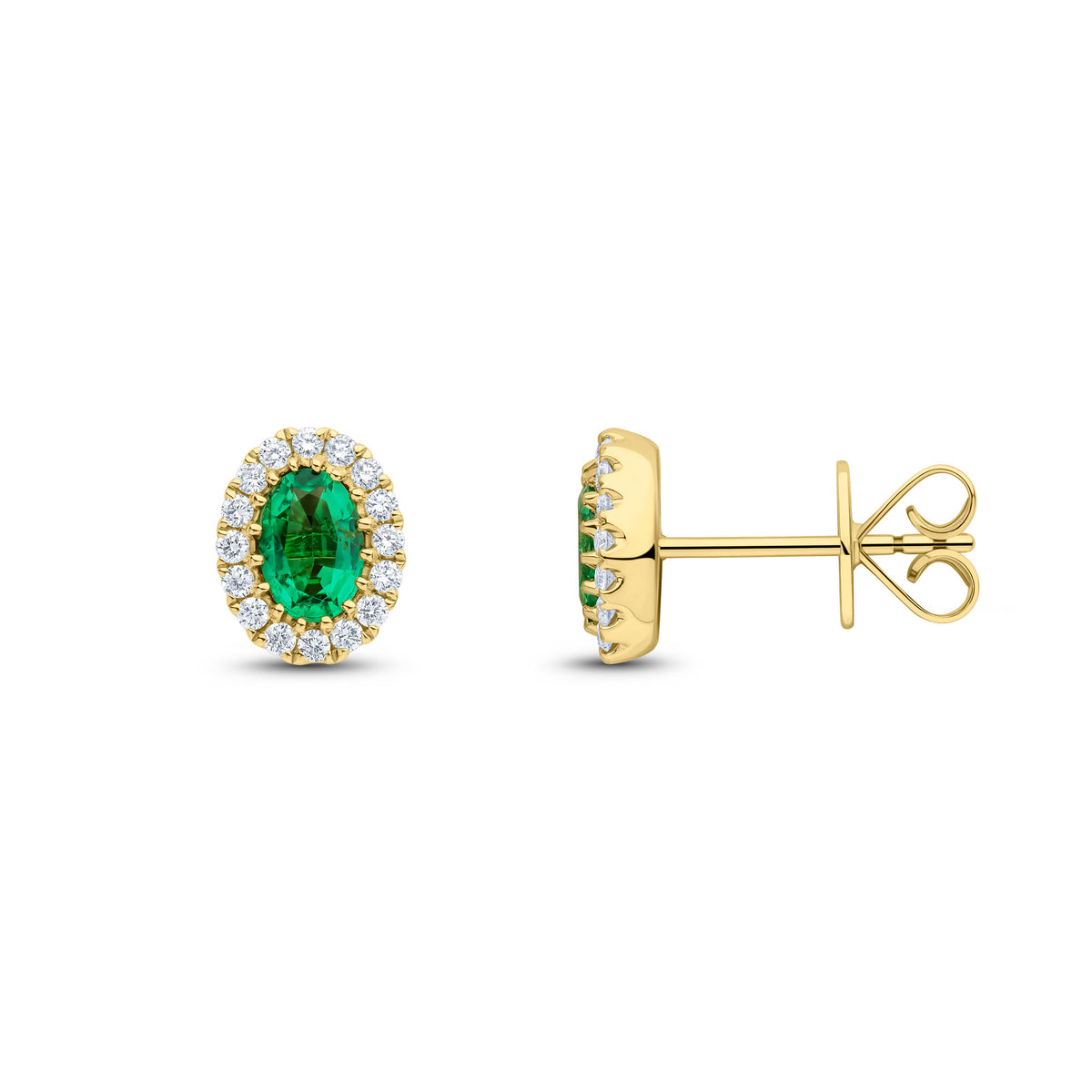 18CT YG 6X4 OVAL EMERALD & DIAMOND CLAW SET CLUSTER EARRINGS