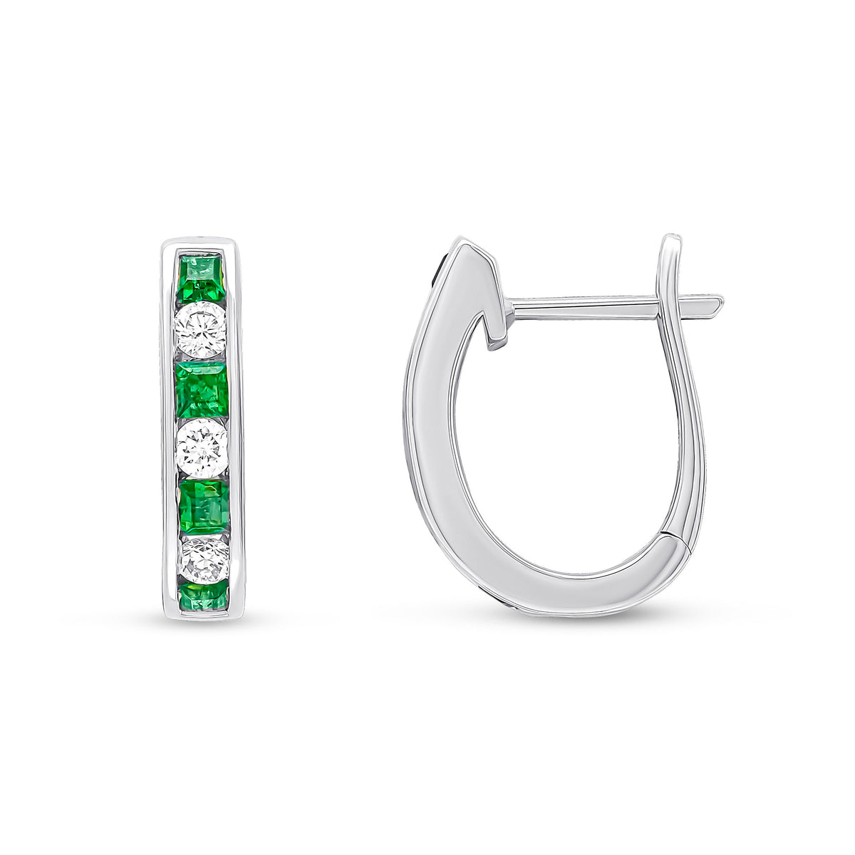 18CT WG SQUARE EMERALD & ROUND DIAMOND OVAL CHANNEL HOOPS