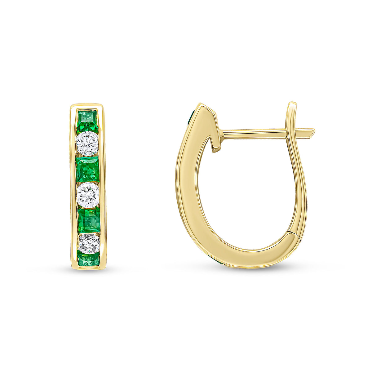 18YG SQUARE EMERALD & ROUND DIAMOND OVAL CHANNEL HOOPS