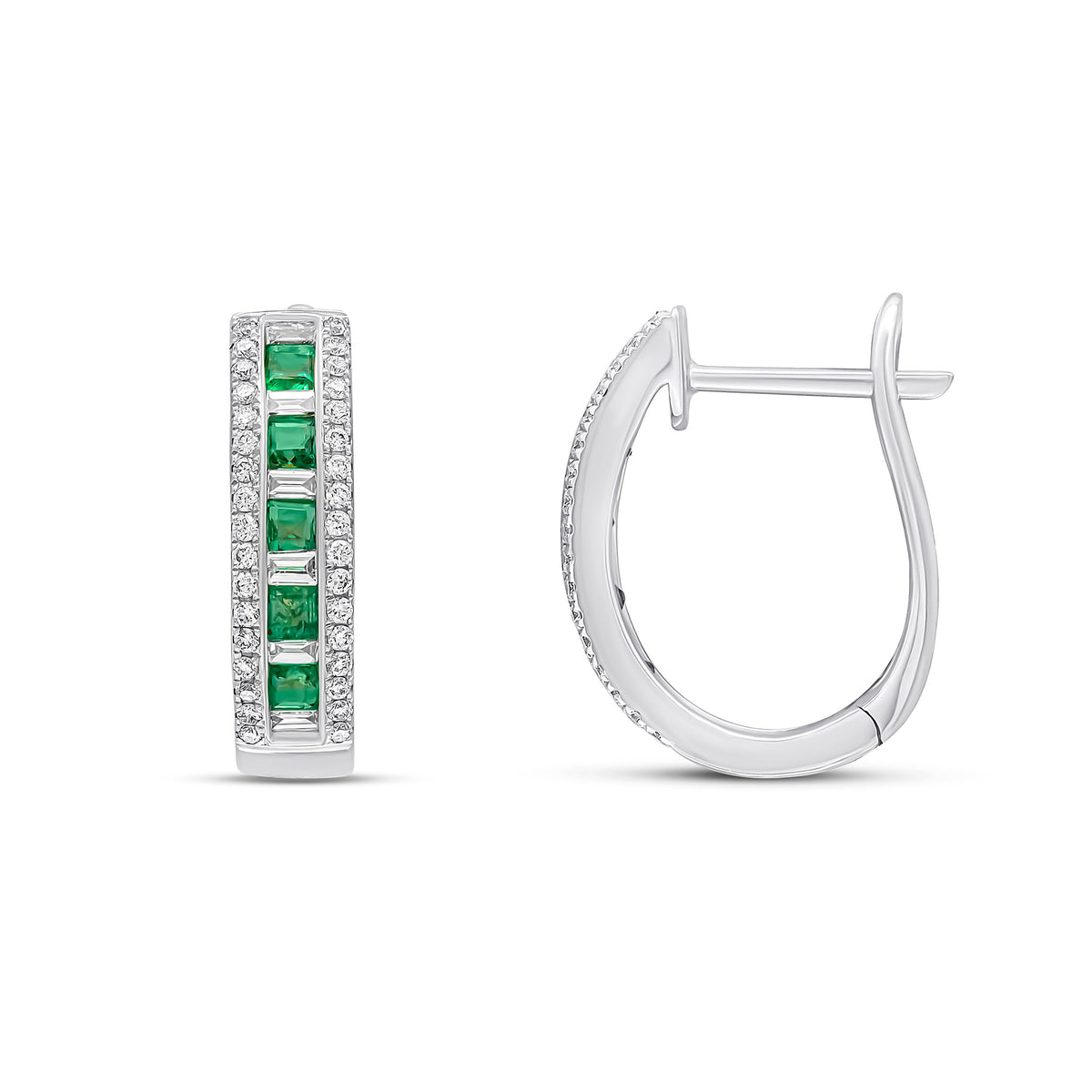 18CT WHITE GOLD SQUARE EMERALD, BAGUETTE & BRILL DIAMOND OVAL HOOP EARRINGS