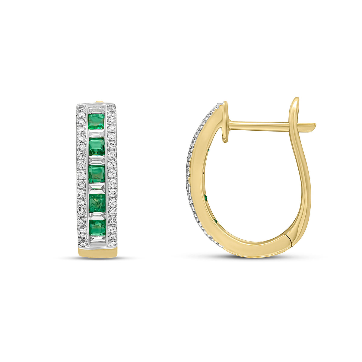 18YG SQUARE EMERALD, BAGUETTE & BRILL DIAMOND OVAL HOOPS