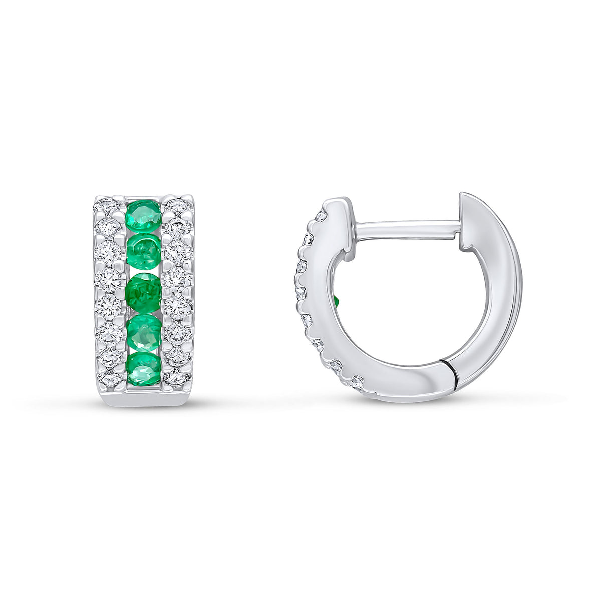 18WG ROUND EMERALD & DIAMOND 3ROW HUGGIES