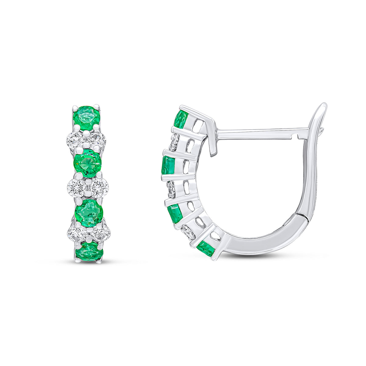 18WG ROUND EMERALD & DIAMOND 2ST CLAW HOOP EARRINGS