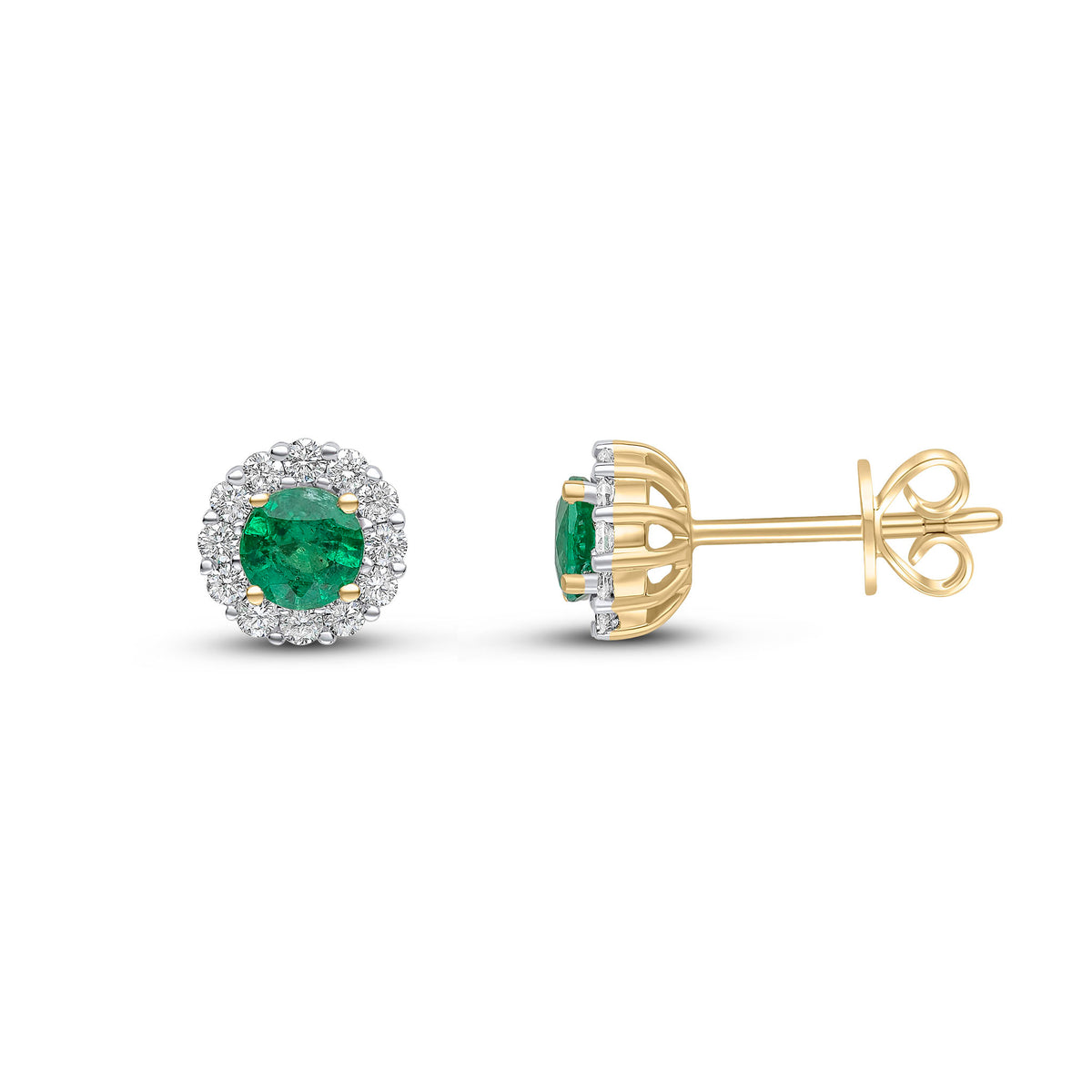 18CT YG 4MM ROUND EMERALD AND DIAMOND CLAW CLUSTER EARRINGS. RHODIUM TO DIAMONDS