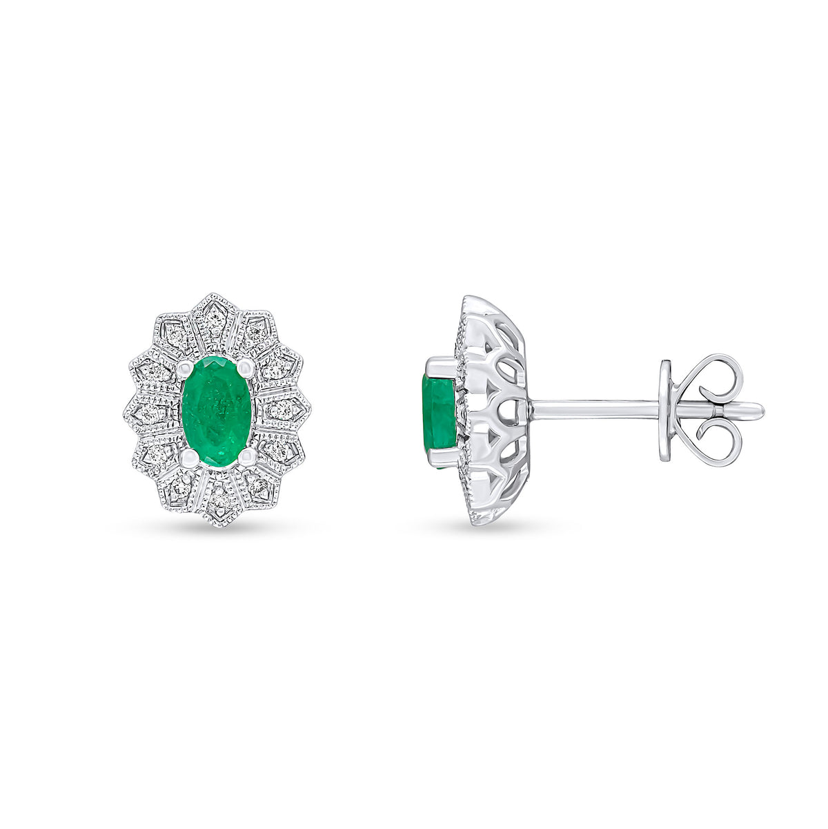 18CT WHITE GOLD OVAL EMERALD AND DIAMOND MILLEGRAIN FANCY CLUSTER EARRINGS