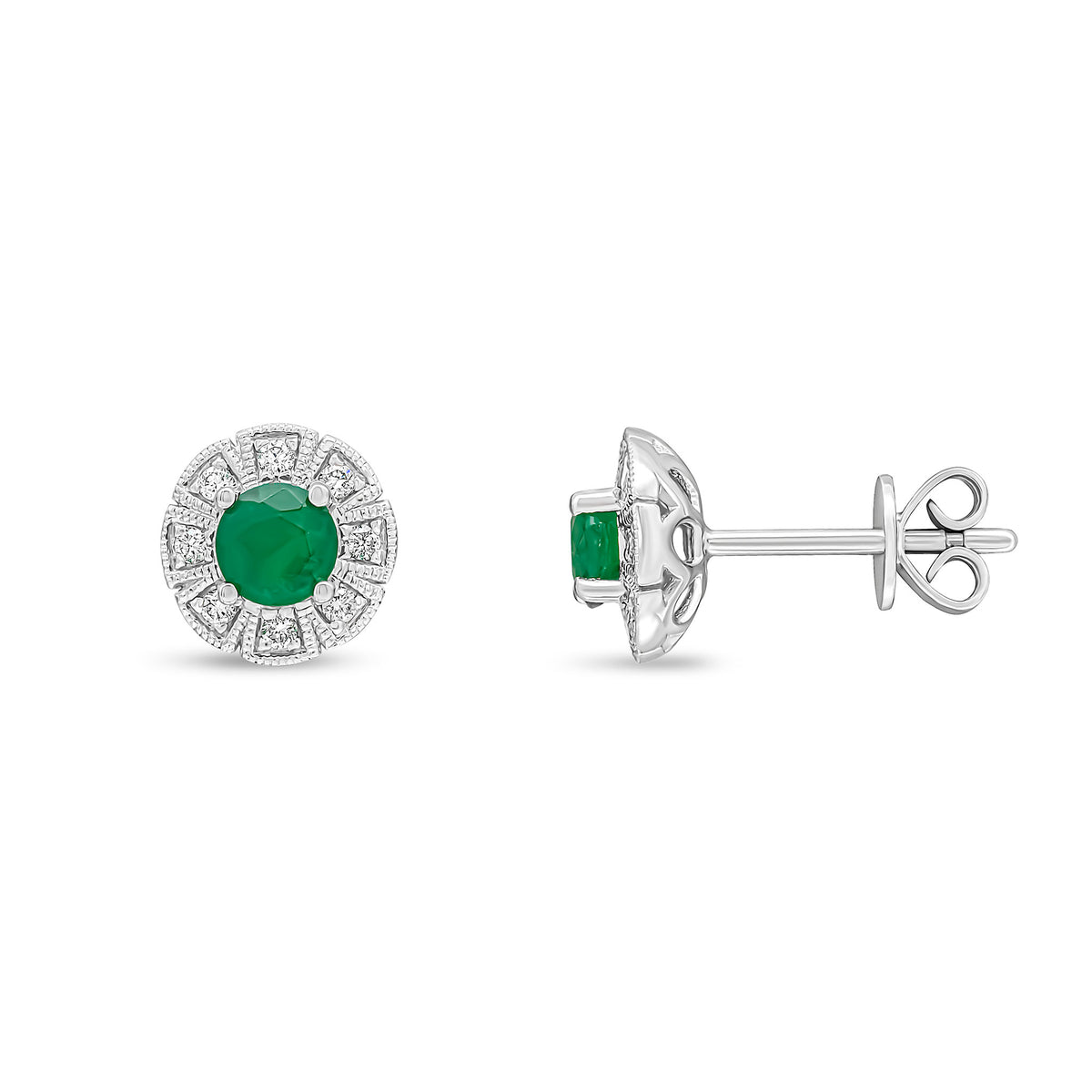 18CT WHITE GOLD ROUND EMERALD AND DIAMOND MILLEGRAIN FANCY CLUSTER EARRINGS