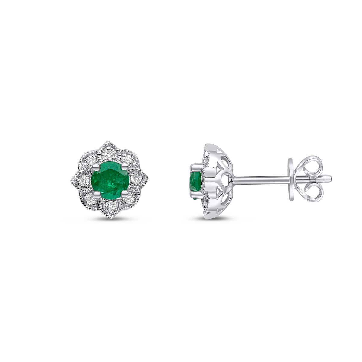 18CT WG ROUND EMERALD AND DIAMOND MILLEGRAIN FLOWER CLUSTER EARRINGS