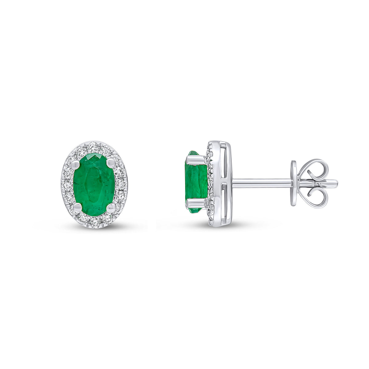 18CT WG 6X4MM OVAL EMERALD AND ROUND DIAMOND CLAW CLUSTER EARRINGS