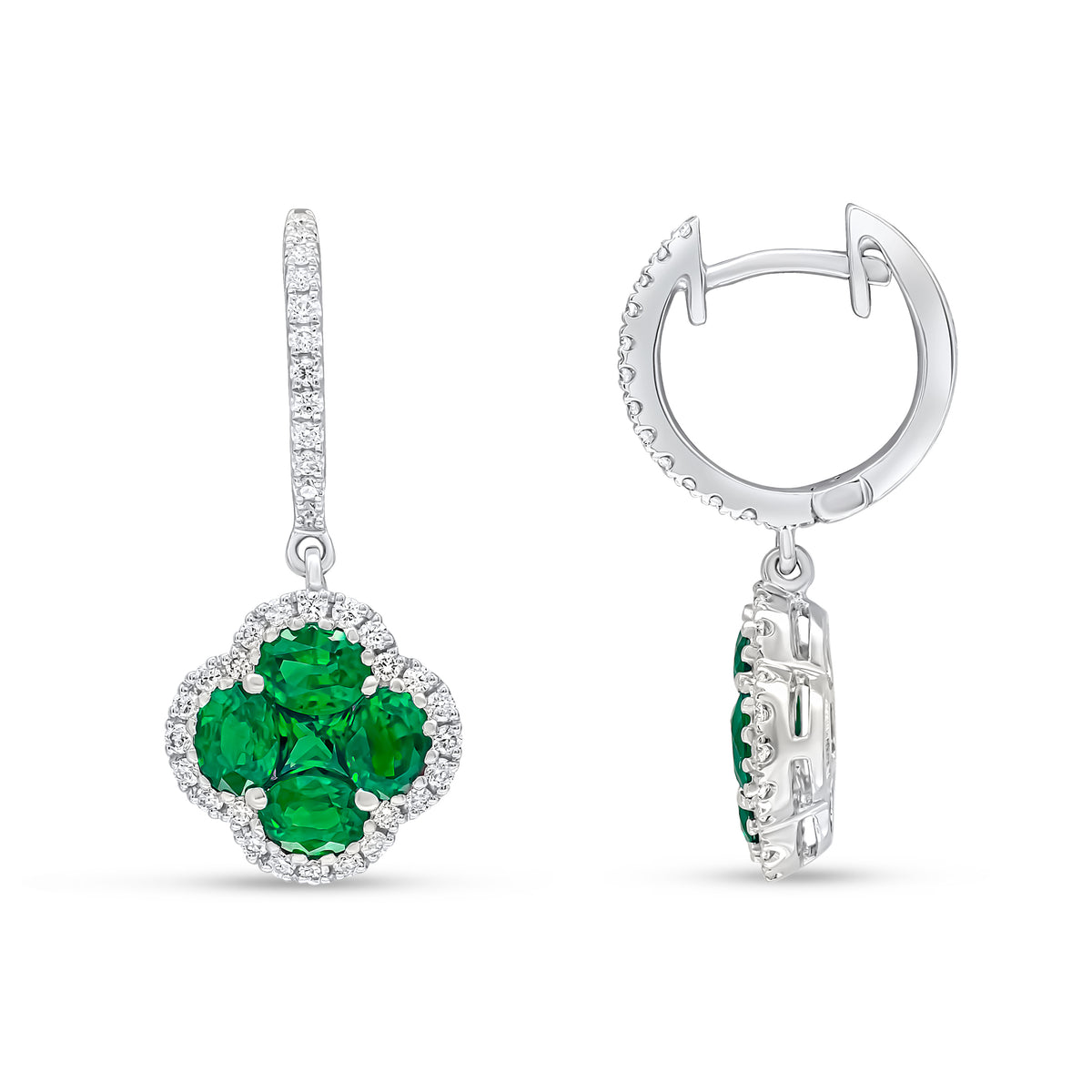 18CT WG ROUND DIAMOND CLAW SET HOOP WITH EMERALD AND DIAMOND QUATREFOIL CLUSTER DROP EARRINGS
