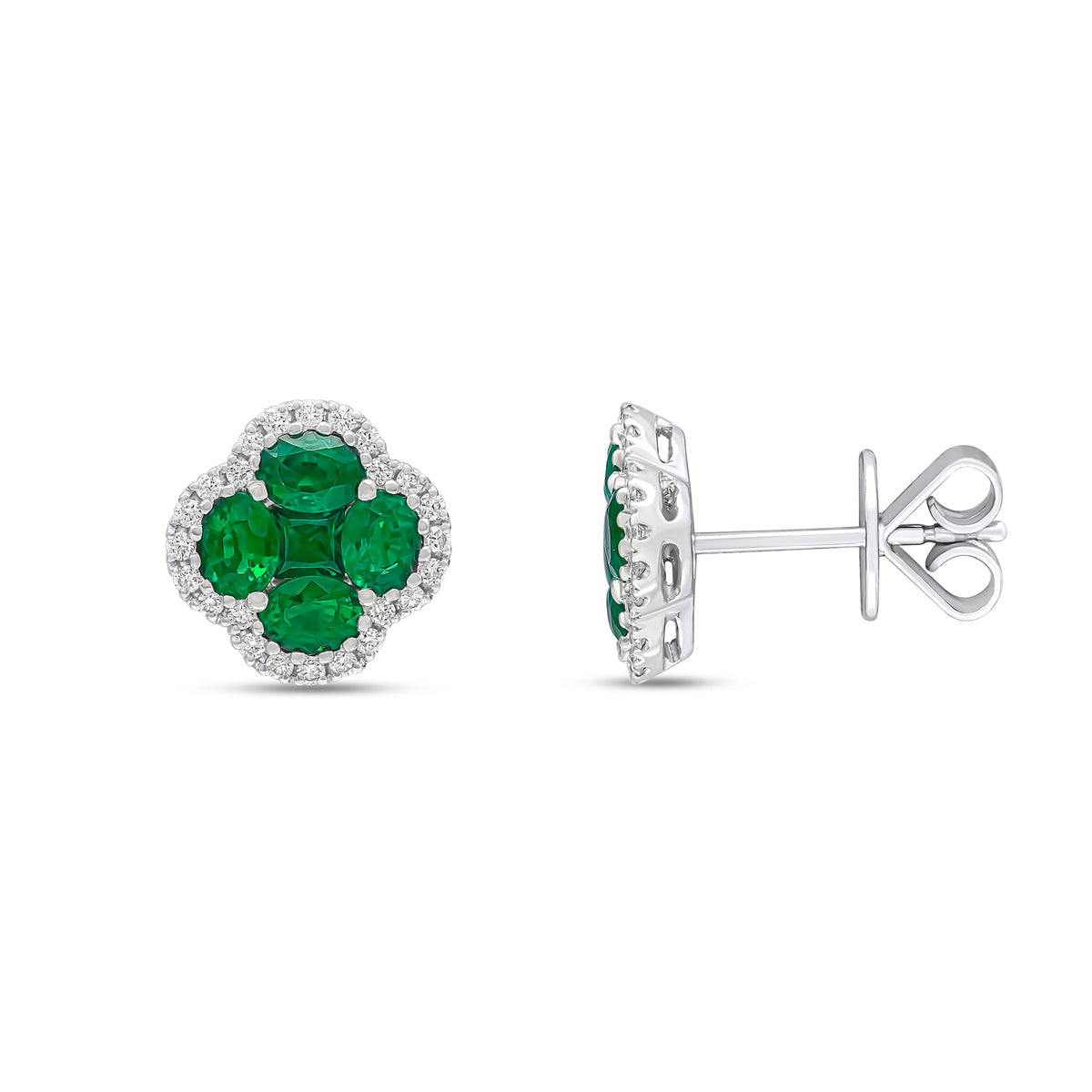18CT WG OVAL AND SQUARE EMERALD AND ROUND DIAMOND QUATREFOIL CLUSTER EARRINGS