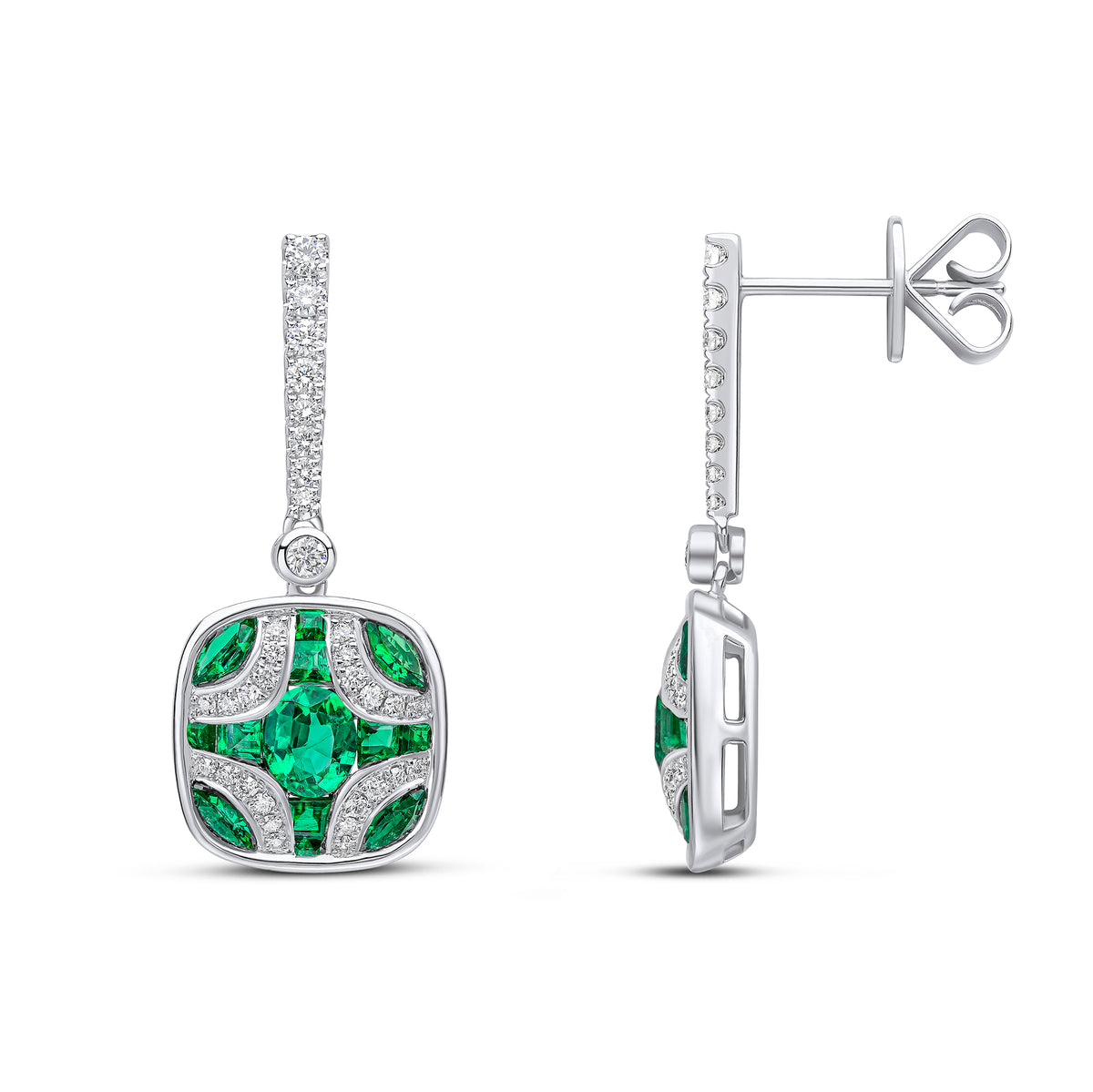 18CT WG EMERALD AND DIAMOND SHIELD & DIAMOND LINE TOP DROP EARRINGS