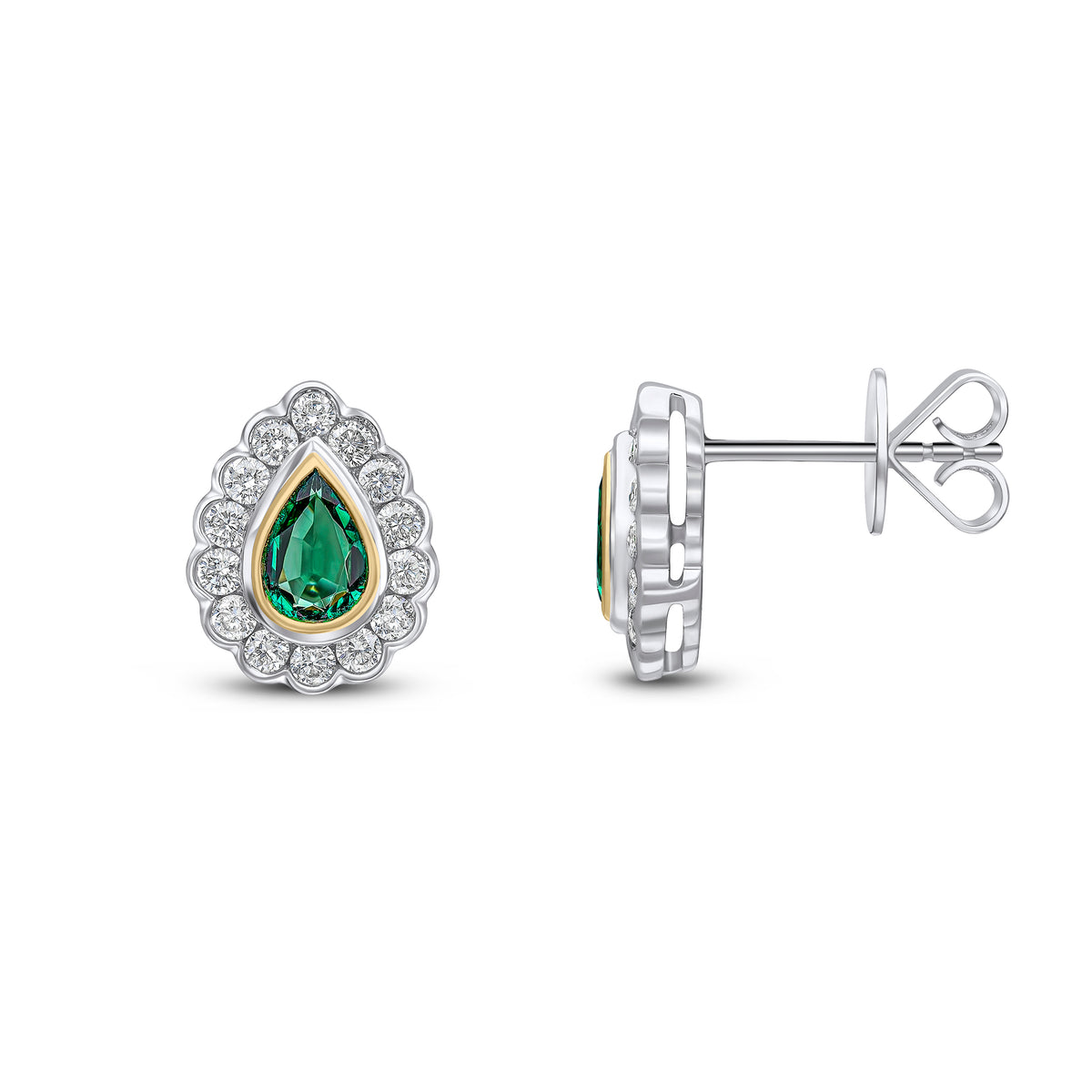 18CT YWG PEARSHAPE EMERALD AND ROUND DIAMOND RUBOVER CLUSTER EARRINGS