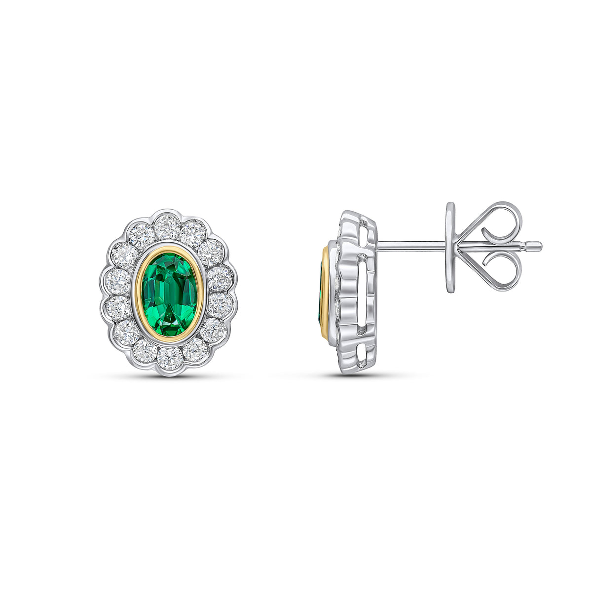 18CT YWG OVAL EMERALD AND ROUND DIAMOND RUBOVER CLUSTER EARRINGS