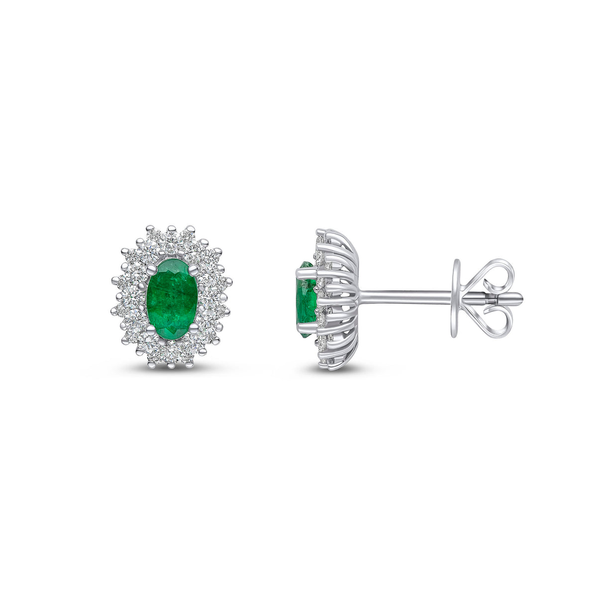 18CT WG 5X3 OVAL EMERALD AND ROUND DIAMOND CLAW SET CLUSTER EARRINGS
