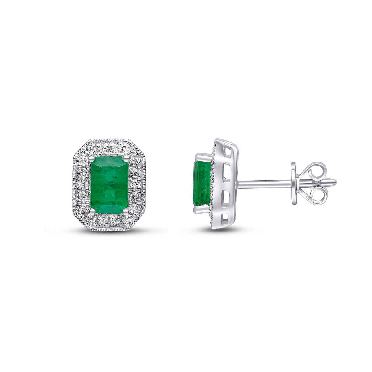18CT WG 6X4 OCTAGON EMERALD AND ROUND DIAMOND CLUSTER EARRINGS WITH MILLEGRAIN EDGE