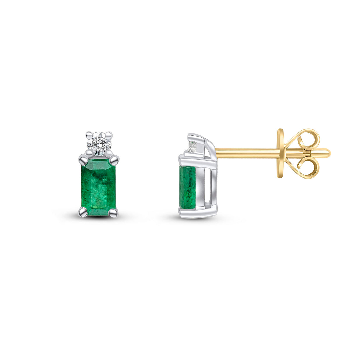 18CT WG 5X3 OCTAGON EMERALD AND ROUND DIAMOND 2ST EARRINGS WITH YG PEG AND SCROLL FITTINGS