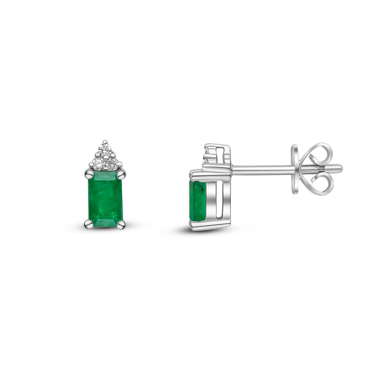 18CT WG OCTAGON EMERALD & DIAMOND TREFOIL TOP CLAW SET EARRINGS