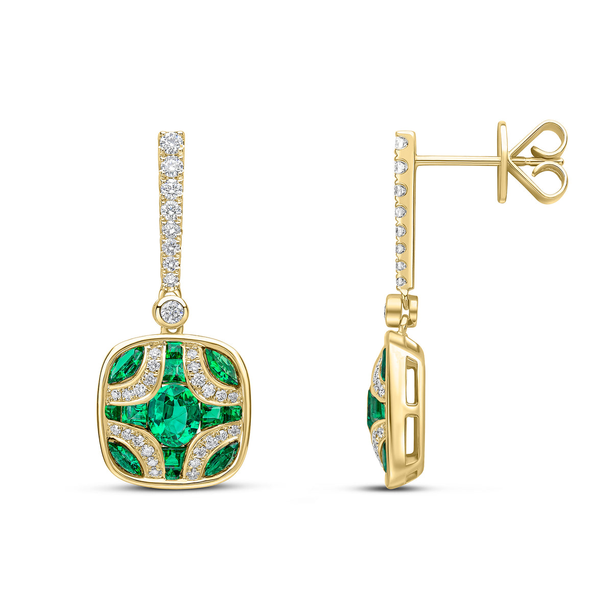 18CT YG EMERALD AND DIAMOND SHIELD & DIAMOND LINE TOP DROP EARRINGS