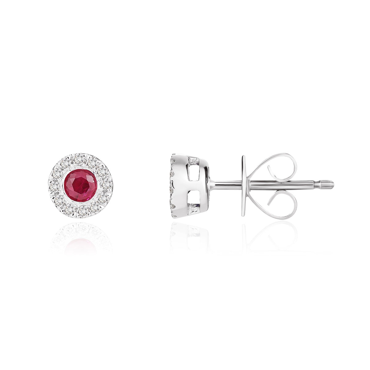 18CT WG 3MM ROUND RUBY AND DIAMOND MICROSET CLUSTER EARRINGS