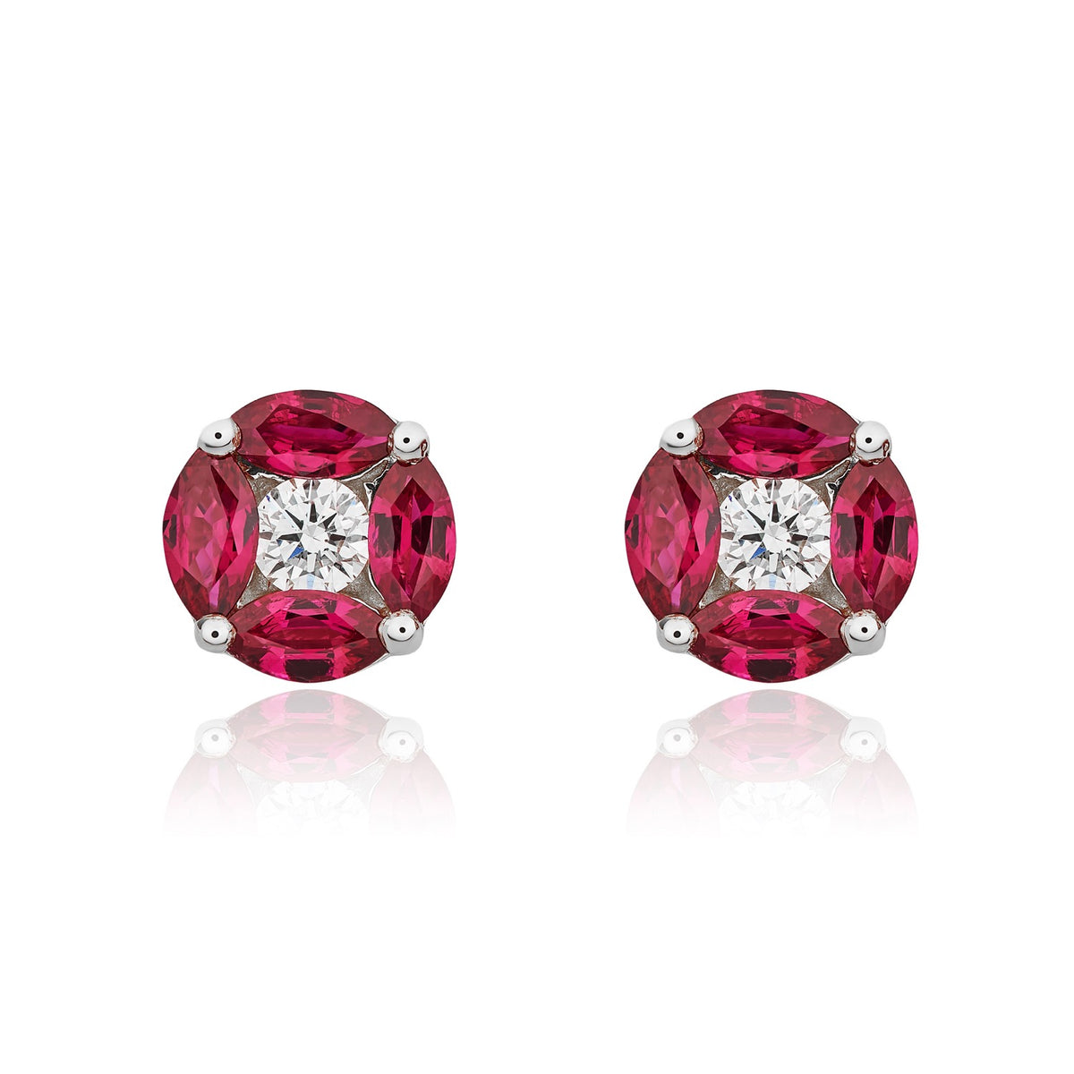 18CT WG MARQUISE RUBY AND ROUND DIAMOND CLUSTER EARRINGS