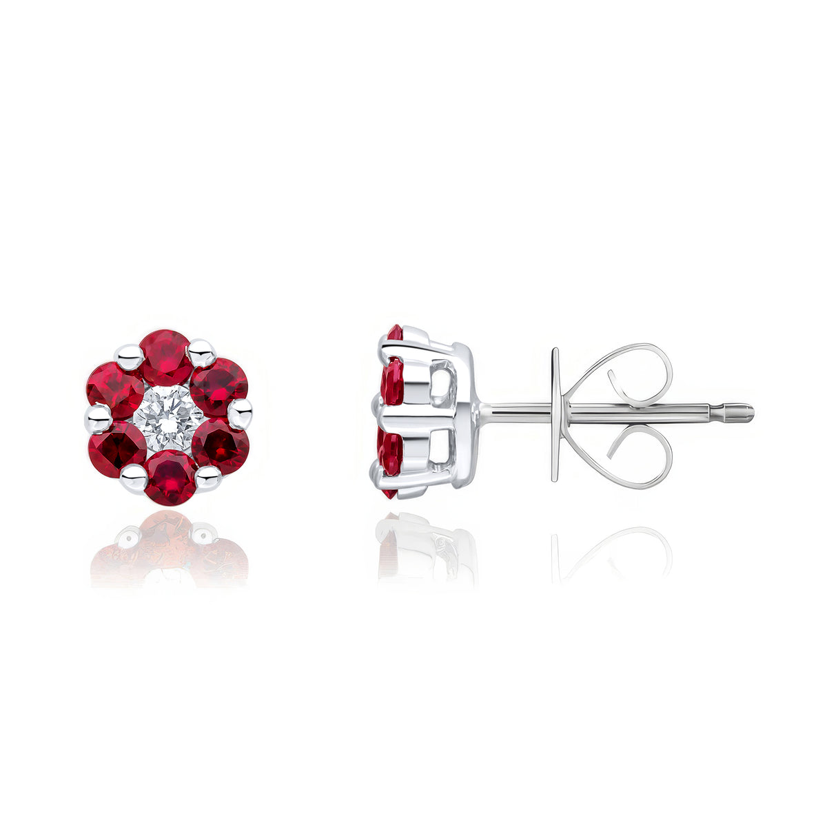18CT WG ROUND RUBY AND DIAMOND REVERSE CLUSTER EARRINGS