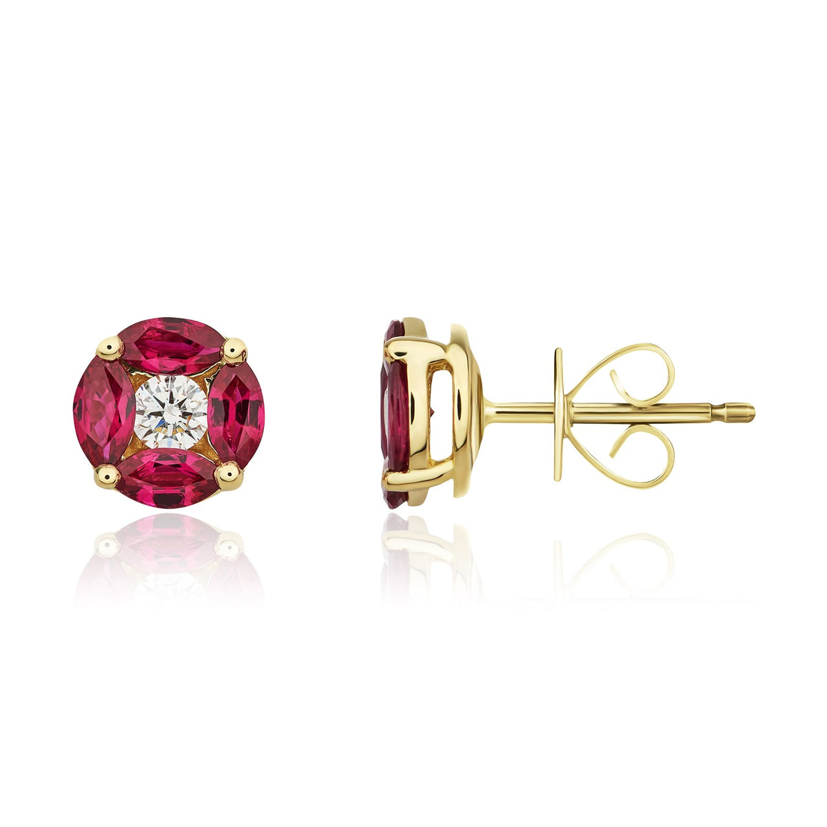 18CT YG MARQUISE RUBY AND ROUND DIAMOND CLUSTER EARRINGS