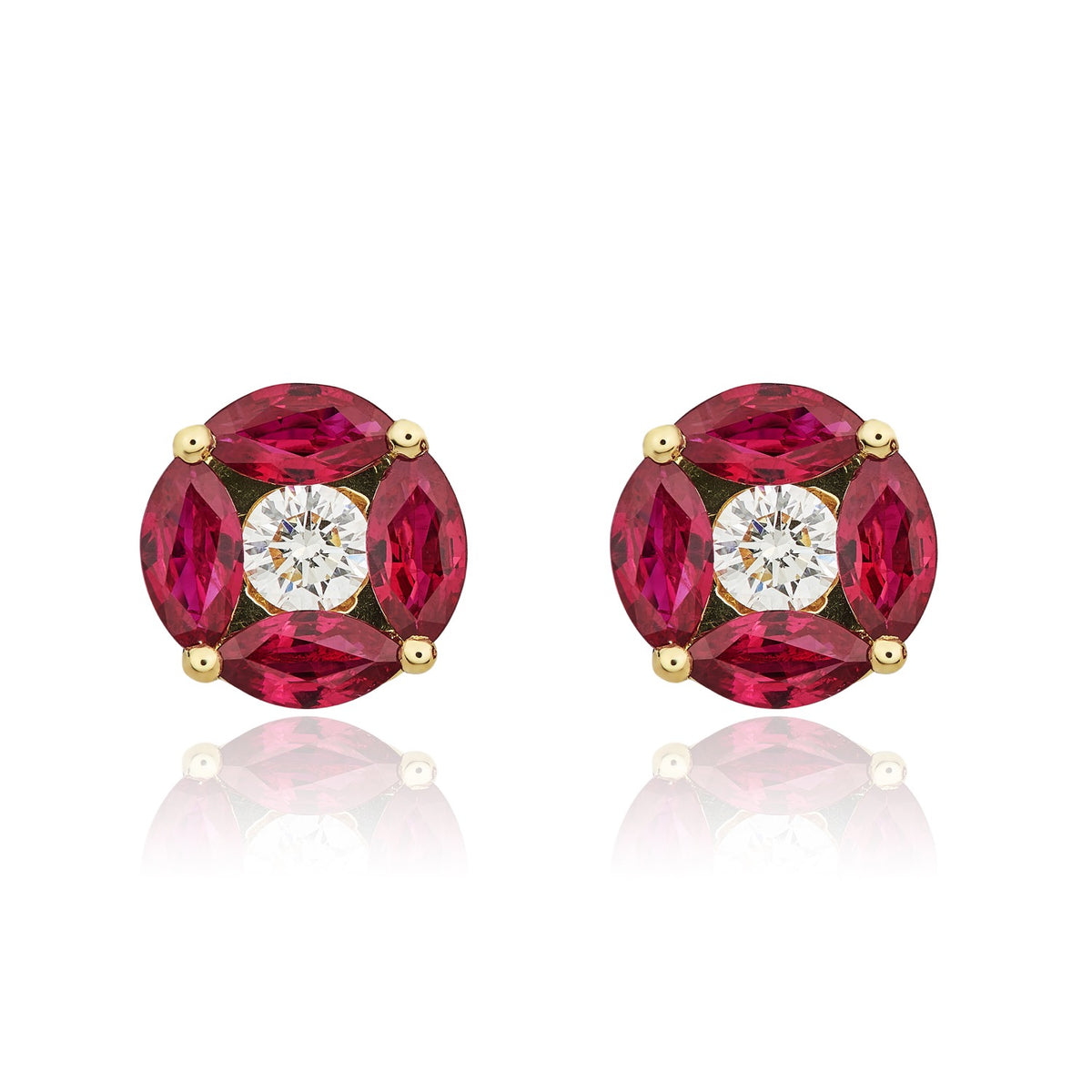 18CT YG MARQUISE RUBY AND ROUND DIAMOND CLUSTER EARRINGS