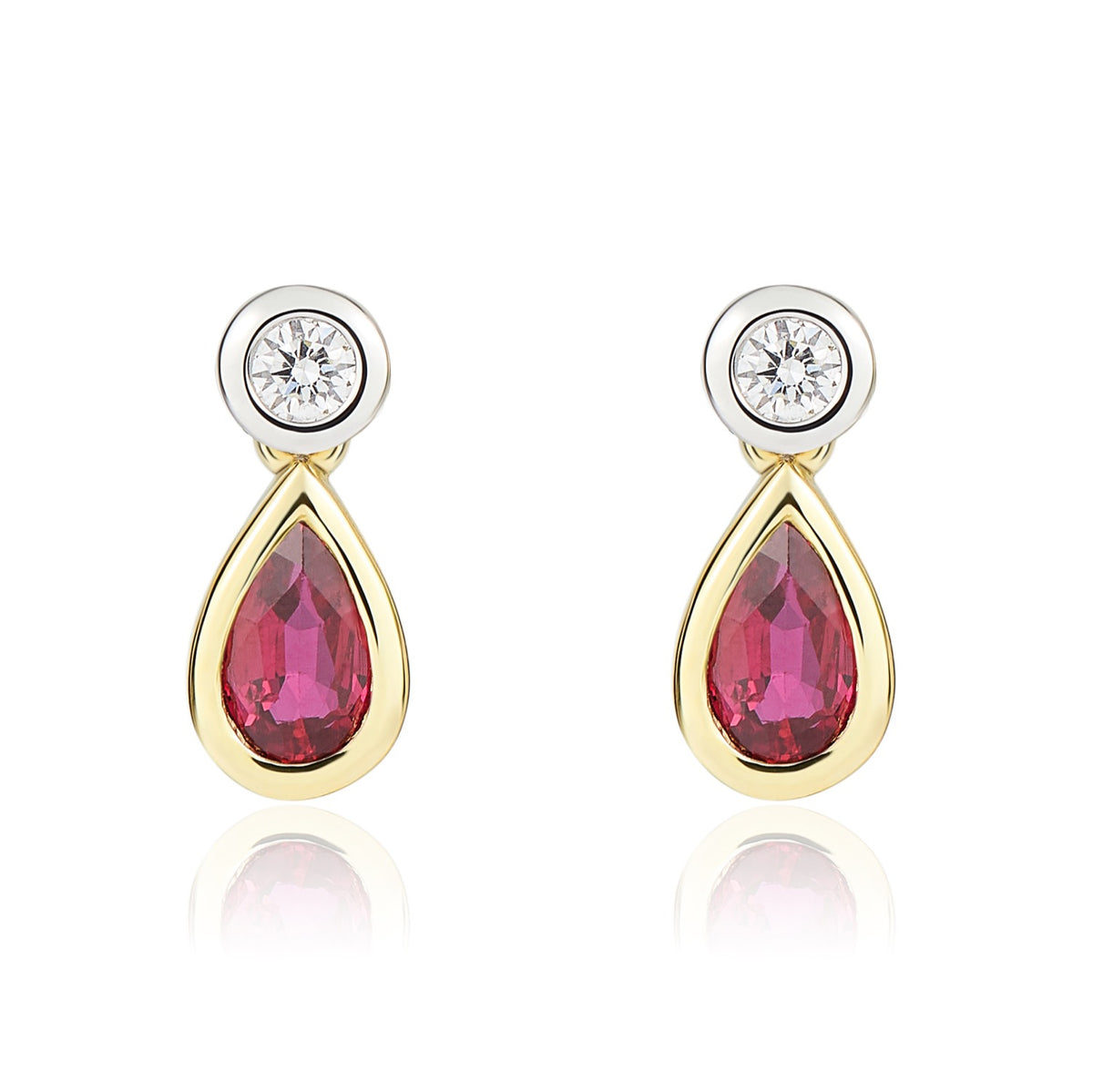 18CT YWG PEARSHAPE RUBY AND ROUND DIAMOND 2ST RUBOVER DROP EARRINGS