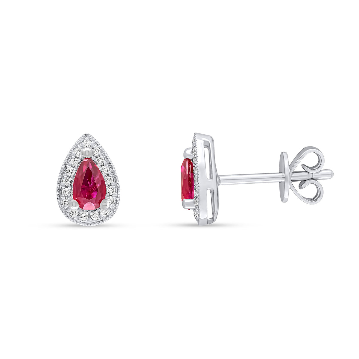 18CT WHITE GOLD CLAW SET PEARSHAPE RUBY AND MILLEGRAIN SET ROUND DIAMOND CLUSTER EARRINGS