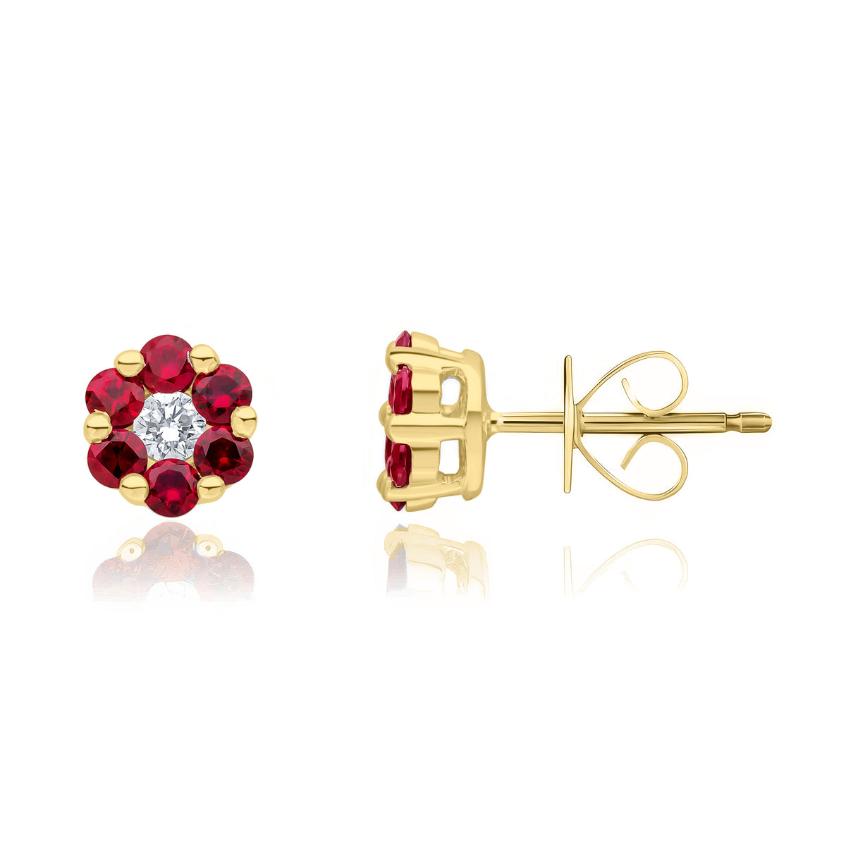 18CT YG ROUND RUBY AND DIAMOND REVERSE CLUSTER EARRINGS