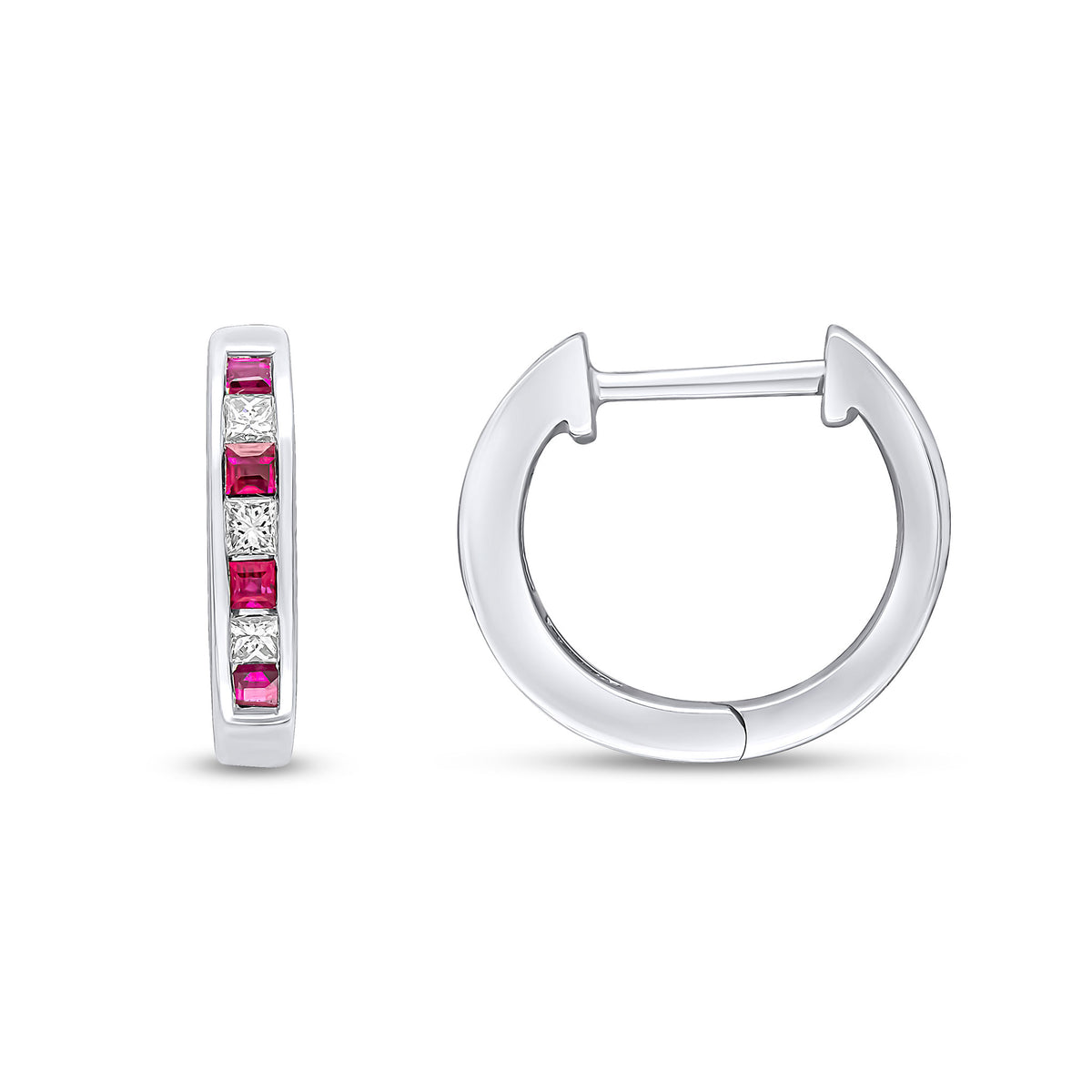 18WG.SQUARE RUBY & DIAMOND CHANNEL HUGGY EARRINGS