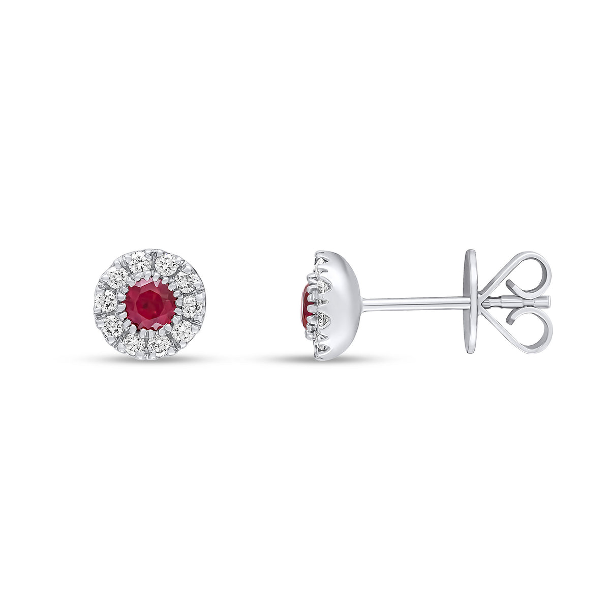 18CT WHITE GOLD ROUND RUBY & DIAMOND CLUSTER EARRINGS