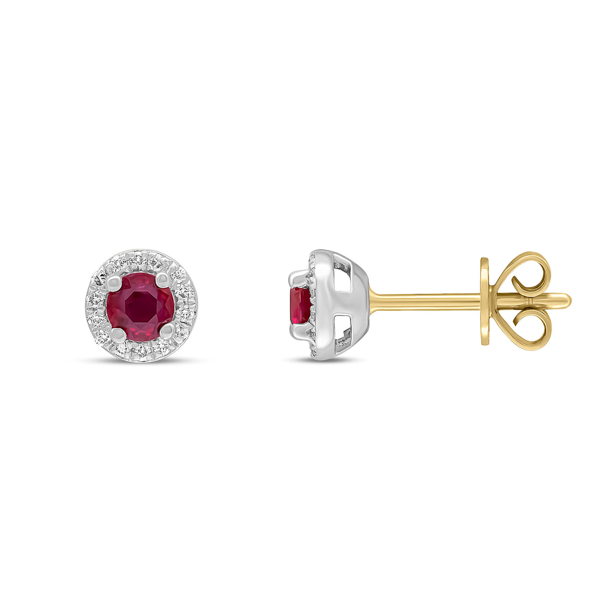 18CT WHITE GOLD ROUND RUBY & DIAMOND CLUSTER EARRINGS WITH YELLOW GOLD PEG & SCROLLS